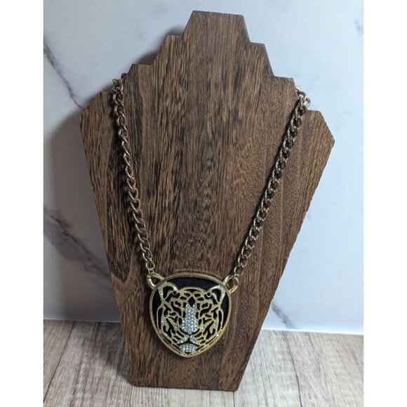 Gold-Plated Lion Head Pendant Necklace With Rhinestones - Picture 1 of 8